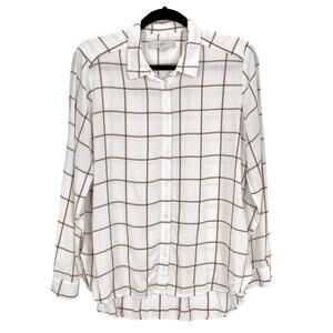 LOFT TOP Women's Size LARGE Cream Pink LONG SLEEVE RAYON PLAID